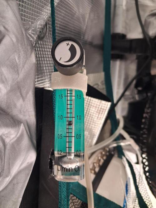 Autopot w/ Airdome-2 Radical Juice Autos. Week 3 - Hooked up a little flow meter to the boyu pump for the airdomes pumping 1l/m.