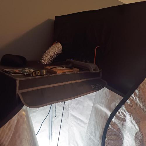 Break-up Cake AUTO 2x - beginner grow. Week 0 - Humidified air goes from small tent via pipe into main tent