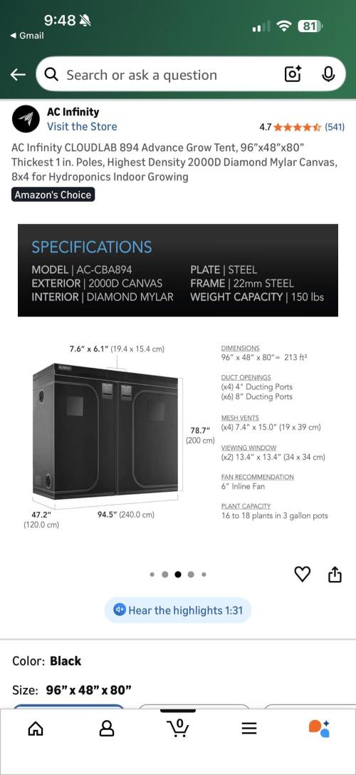 4’x8’ AI Control Tent: 5 Strains. Week 1 - Specs of the new tent