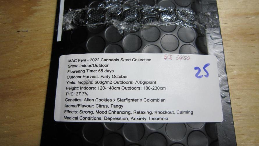 M.A.C.-Sensible Seeds-Premium Selection. Week 1 - Back of Package. See the date... Old seeds... Thought I'd try.