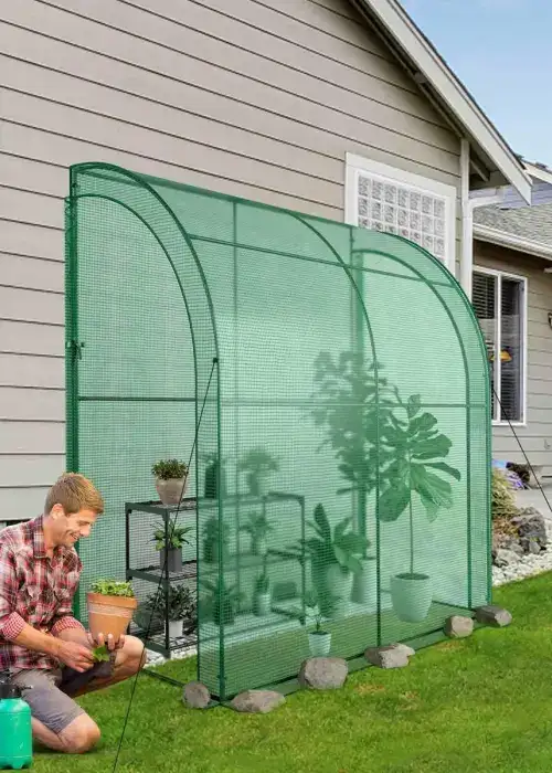 Walk-in Lean-to Greenhouse – with 3-Tier Plant Stand, 7’ x 3.5’ x 7’